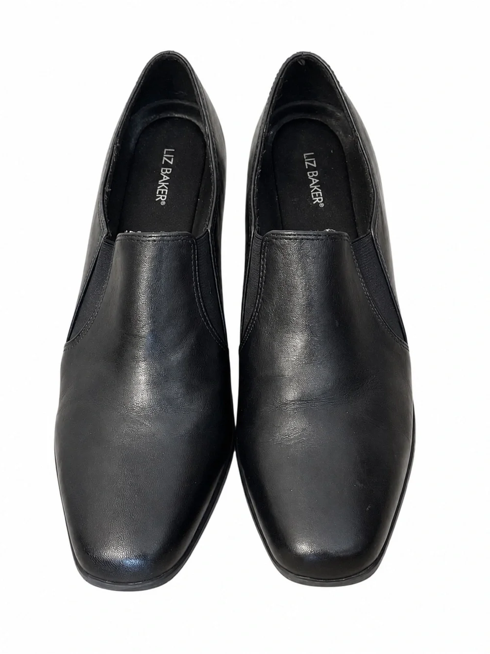 Liz Baker Black Leather Loafer Heels Women’s 8.5M Square Toe Career Shoes